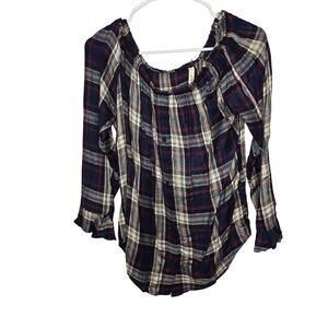 Elan Multicolor Navy Plaid Off Shoulder Blouse Top Size Small NWT